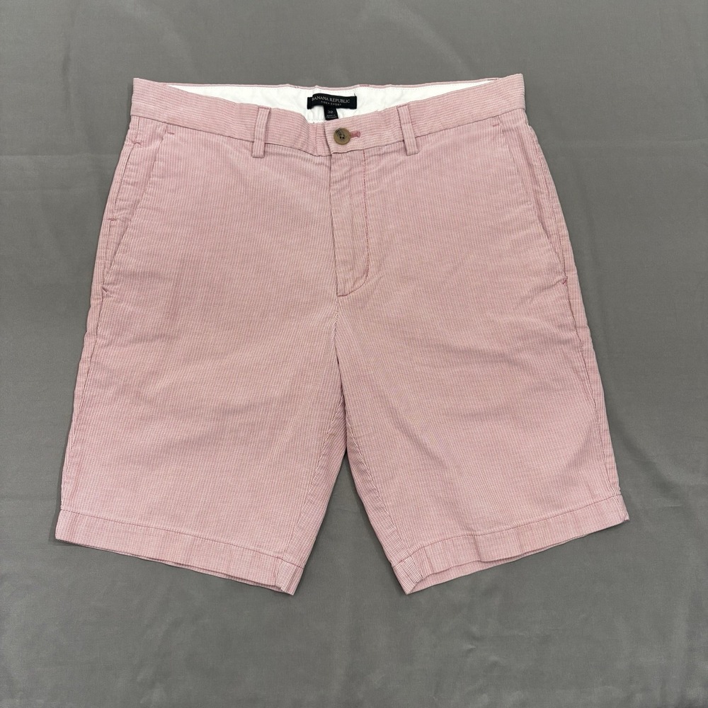 Banana Republic Shorts Men's 34  Aiden Pink White Striped Seersucker Chino
